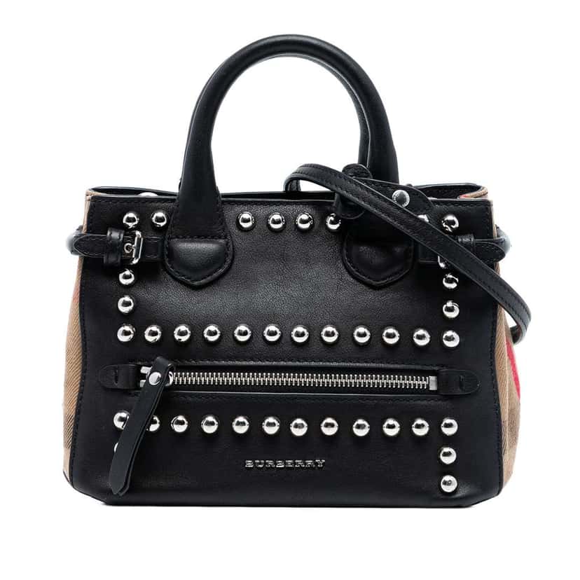 Burberry Baby Banner Studded Leather and House Check Tote Black Leather Very good condition - Front View