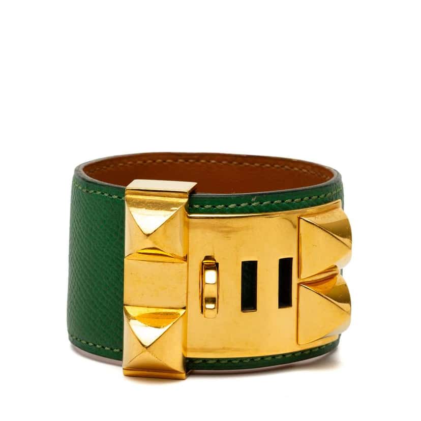 Hermès Leather and Gold Plated Collier de Chien Bracelet Green Leather Good condition - Front View