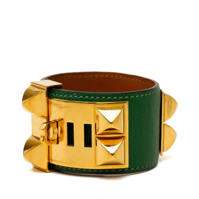 Hermès Leather and Gold Plated Collier de Chien Bracelet Green Leather Good condition - Back View