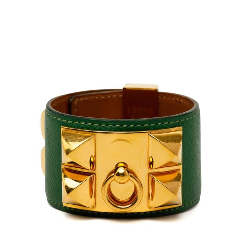Hermès Leather and Gold Plated Collier de Chien Bracelet Green Leather Good condition - Inside View
