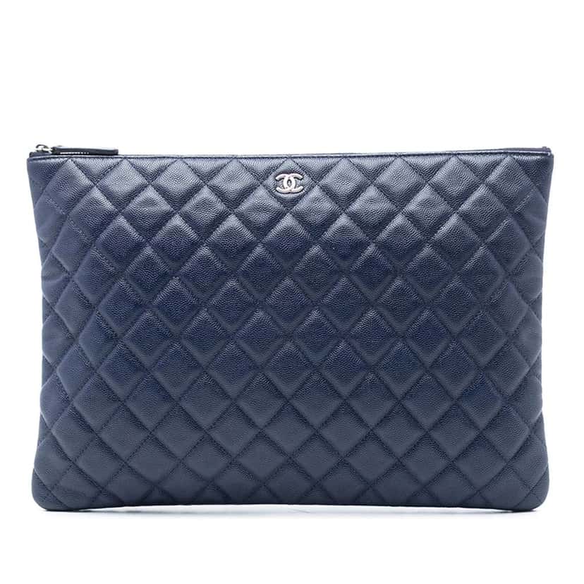 Chanel Large Quilted Caviar O Case Clutch Blue Leather Good condition - Front View