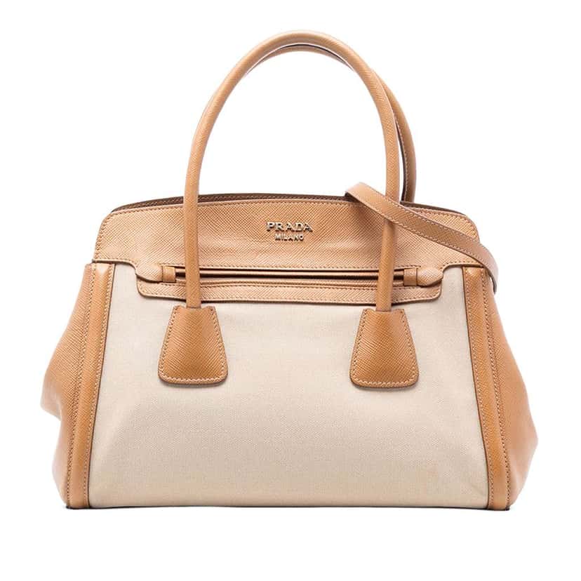 Prada Saffiano Cuir Trimmed Canapa Satchel Brown Canvas Good condition - Front View