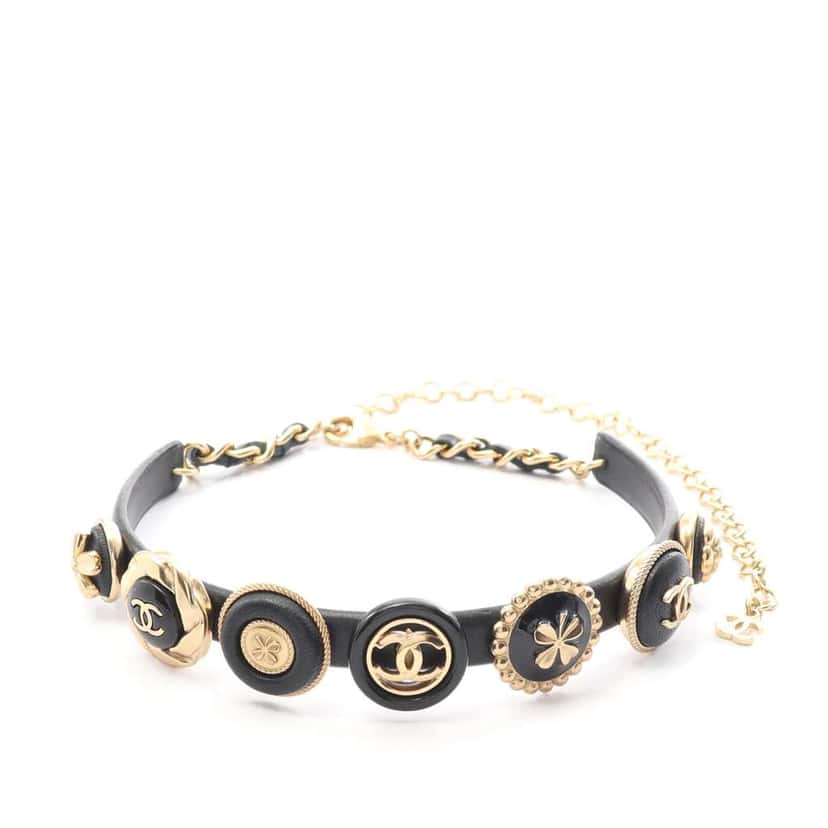 Chanel Gold Plated Leather Lucky Charms Choker Necklace Black Leather Good condition - Front View