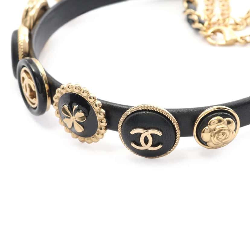 Chanel Gold Plated Leather Lucky Charms Choker Necklace Black Leather Good condition - Back View