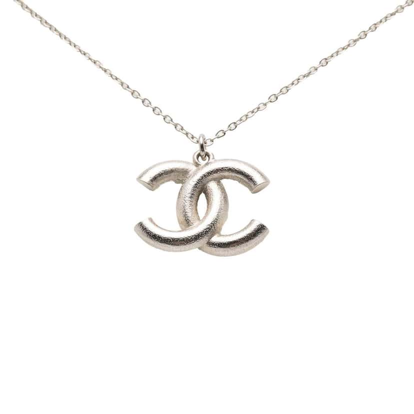 Chanel Silver Plated CC Rhinestones Pendant Necklace Silver Metal Good condition - Back View