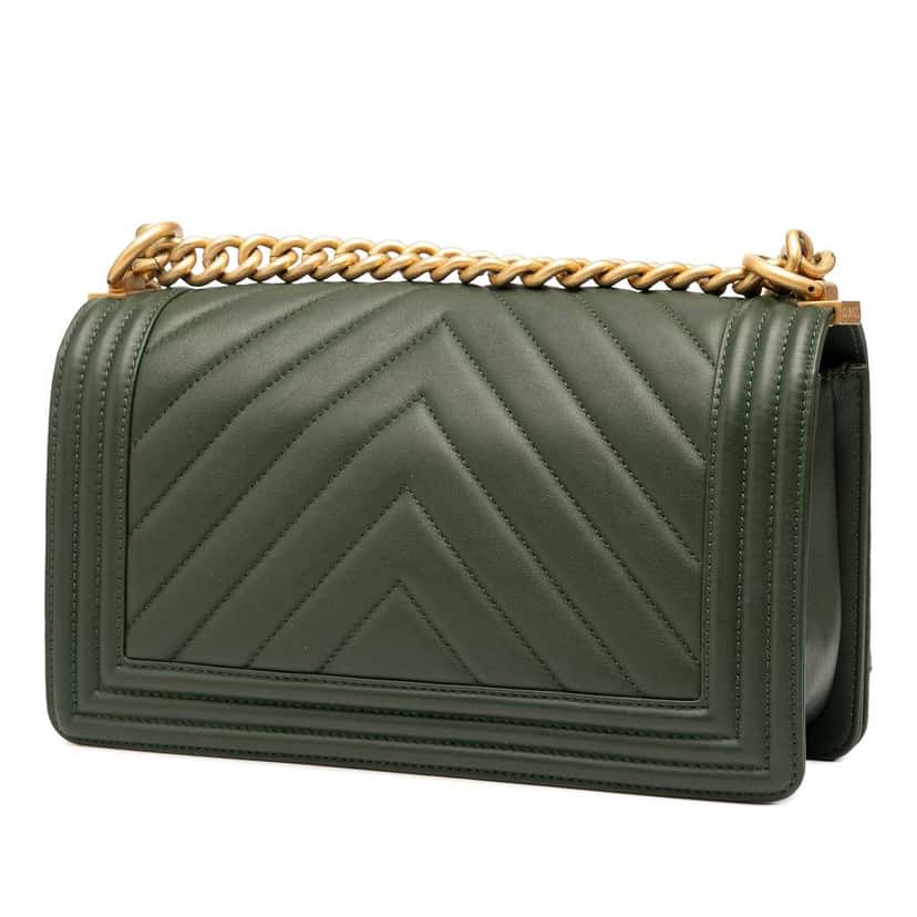 Chanel Old Medium Chevron Lambskin Boy Flap Green Leather Good condition - Back View