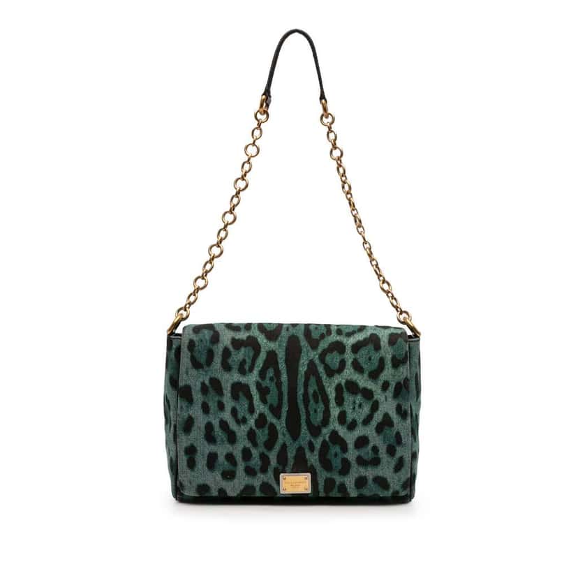 Dolce & Gabbana Leopard Printed Denim Flap Crossbody Green Denim Good condition - Front View