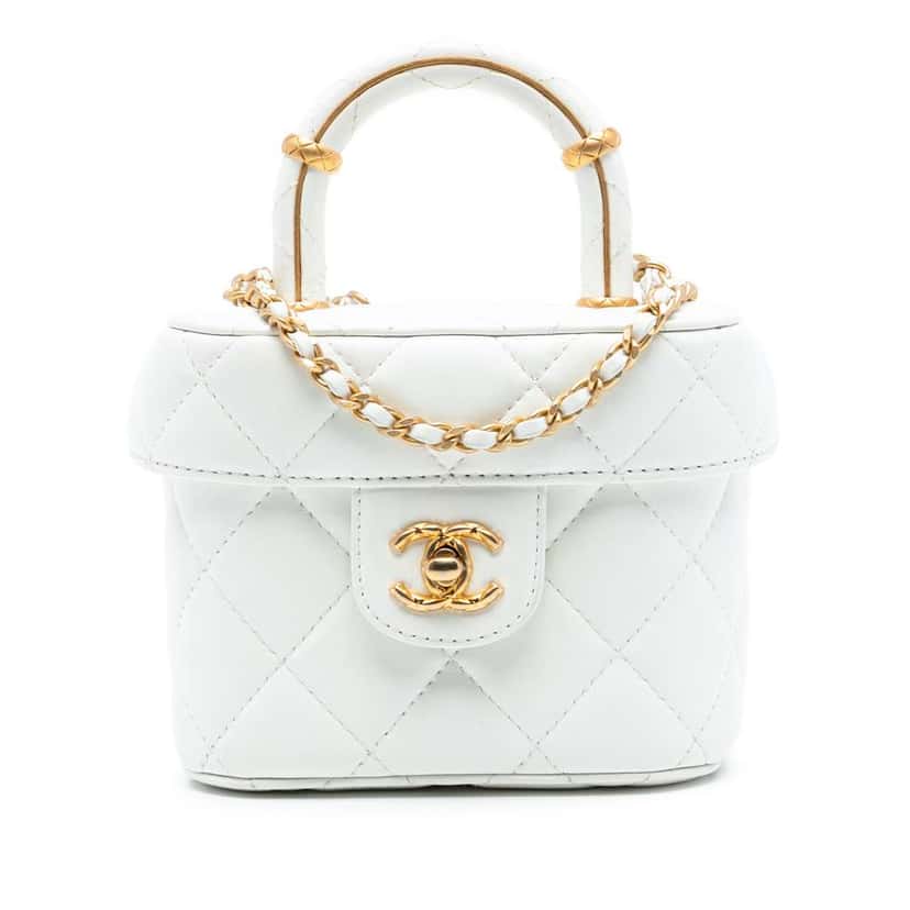 Chanel Mini CC Quilted Lambskin Vanity Top Handle Cosmetic Case White Leather Good condition - Front View