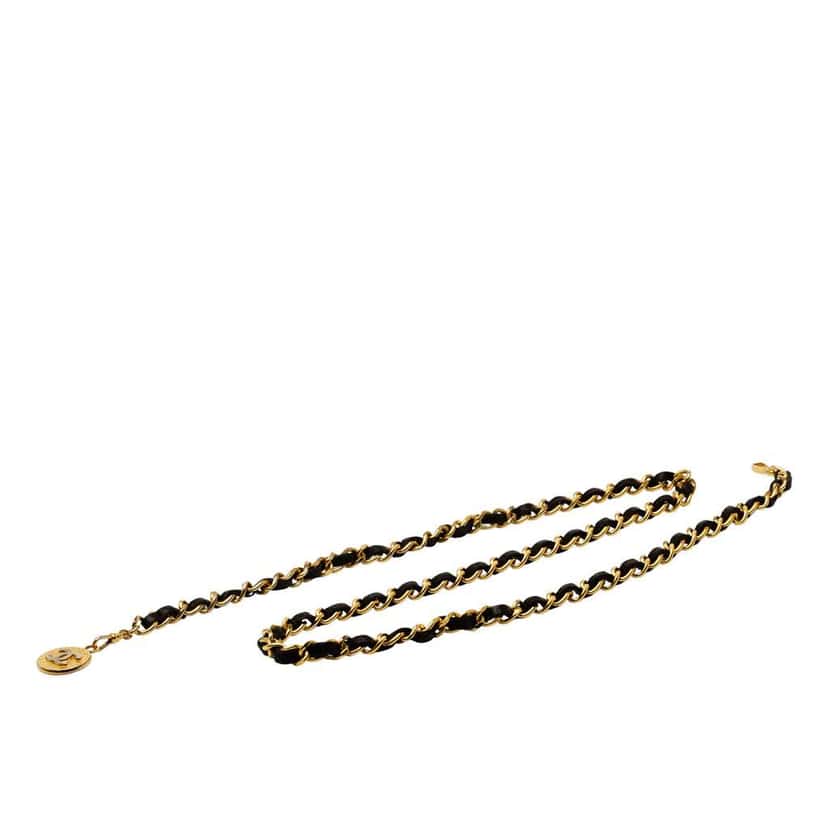 Chanel Leather Woven Gold Plated CC Medallion Chain Belt Gold Metal Good condition - Back View