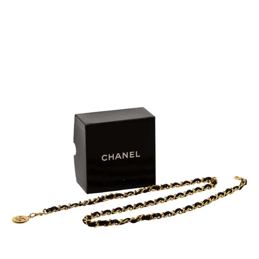 Chanel Leather Woven Gold Plated CC Medallion Chain Belt Gold Metal Good condition - Box View