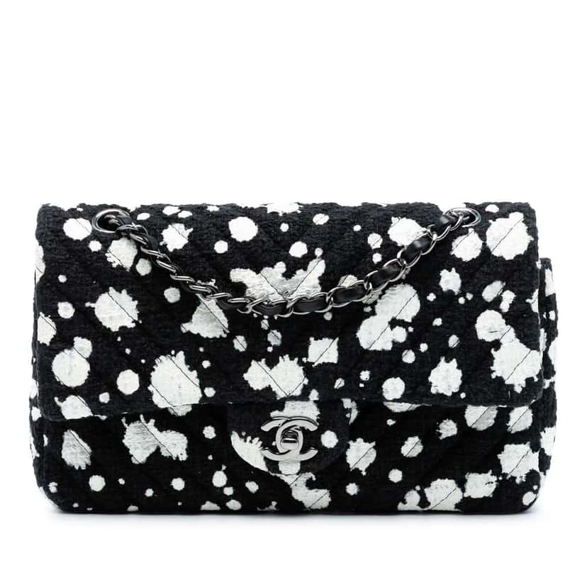 Chanel Medium Chevron Tweed Paint Splatter Double Flap Black Tweed Good condition - Front View