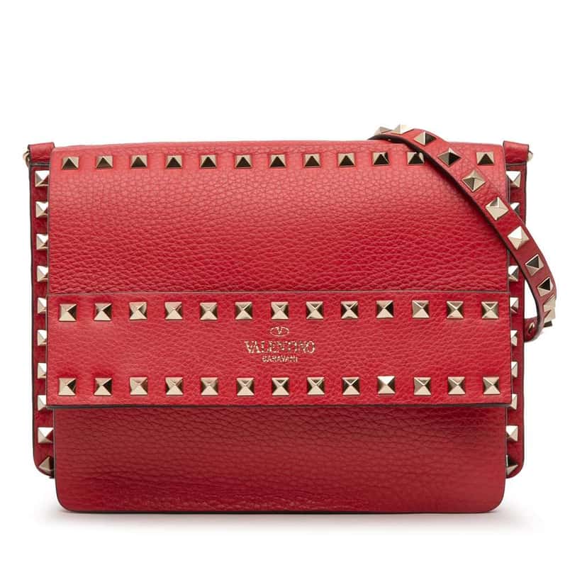 Valentino Small Grained Calfskin Rockstud Crossbody Red Leather Very good condition - Front View