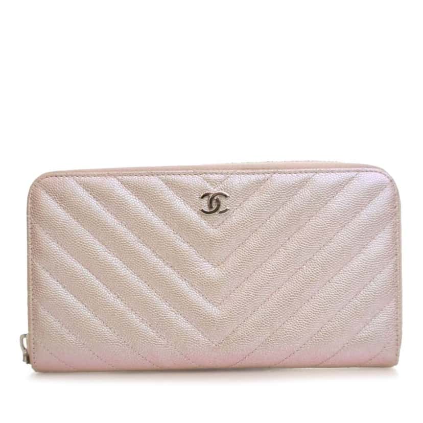 Chanel CC Chevron Iridescent Caviar Zip Around Wallet Pink Leather Good condition - Front View