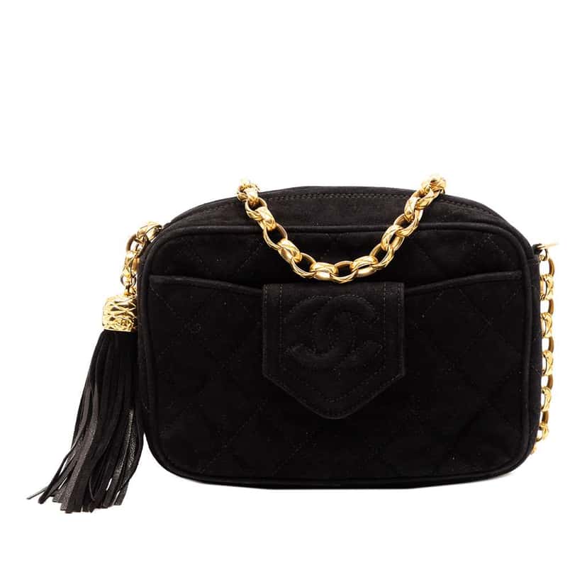 Chanel Mini CC Quilted Suede Tassel Camera Bag Black Leather Good condition - Front View