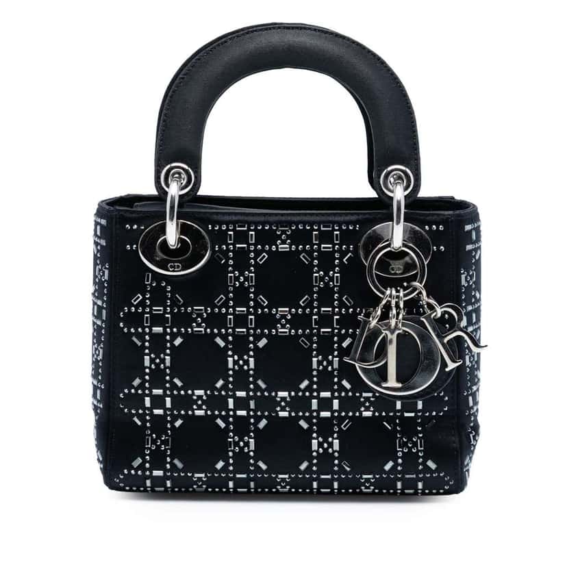 Dior Mini Satin Cannage Strass Crystal Embellished Lady Dior Black Satin Very good condition - Front View
