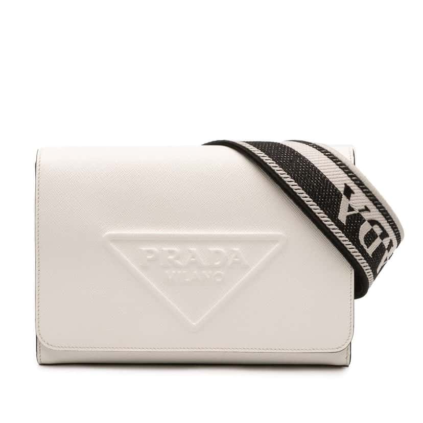 Prada Saffiano Triangle Embossed Logo Flap Crossbody White Leather Good condition - Front View
