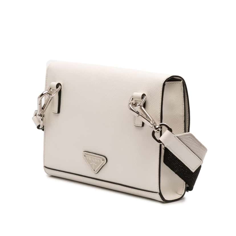 Prada Saffiano Triangle Embossed Logo Flap Crossbody White Leather Good condition - Back View