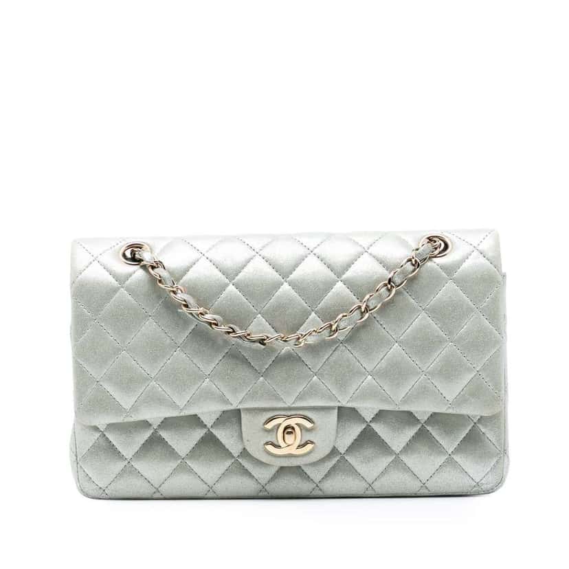 Chanel Medium Classic Iridescent Lambskin Double Flap Silver Leather Good condition - Front View