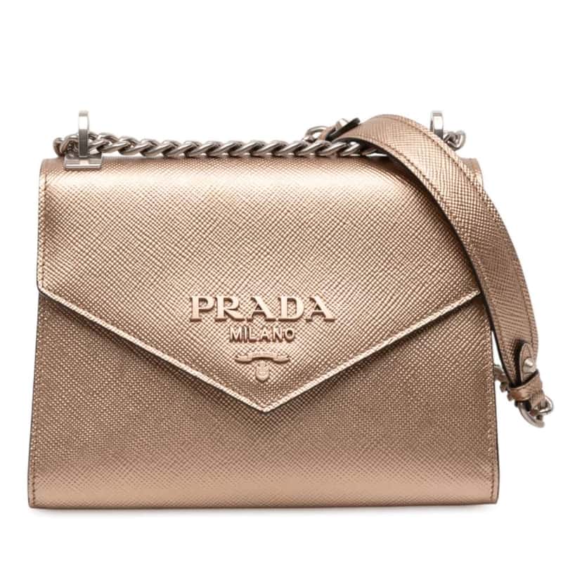 Prada Metallic Saffiano Cuir Leather Monochrome Envelope Flap Brown Leather Good condition - Front View