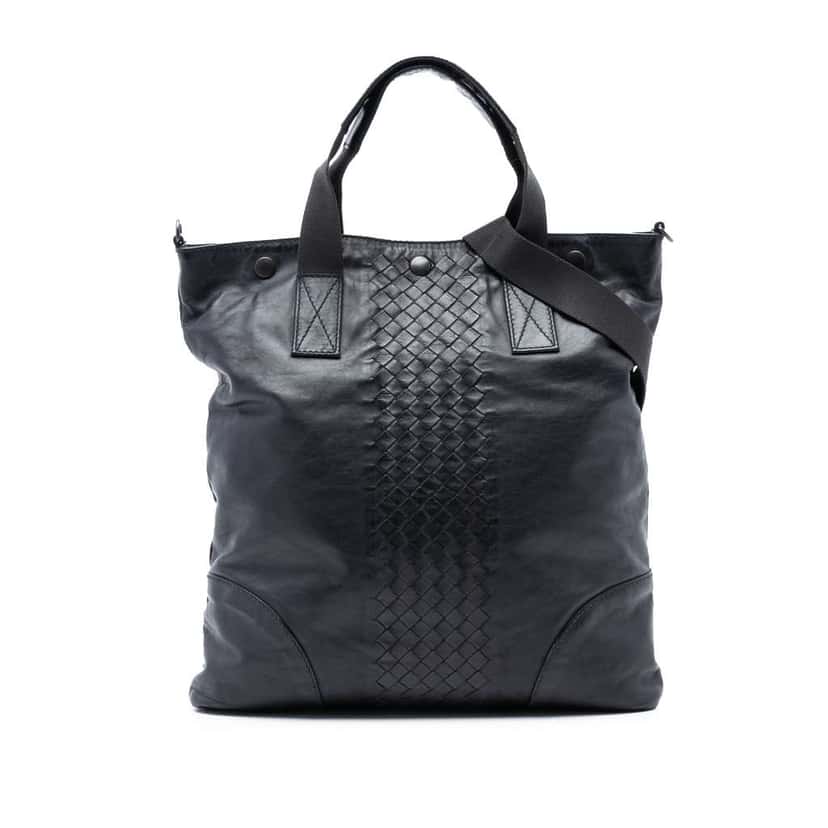 Bottega Veneta Intrecciato Trimmed Nappa Convertible Tote Black Leather Very good condition - Front View