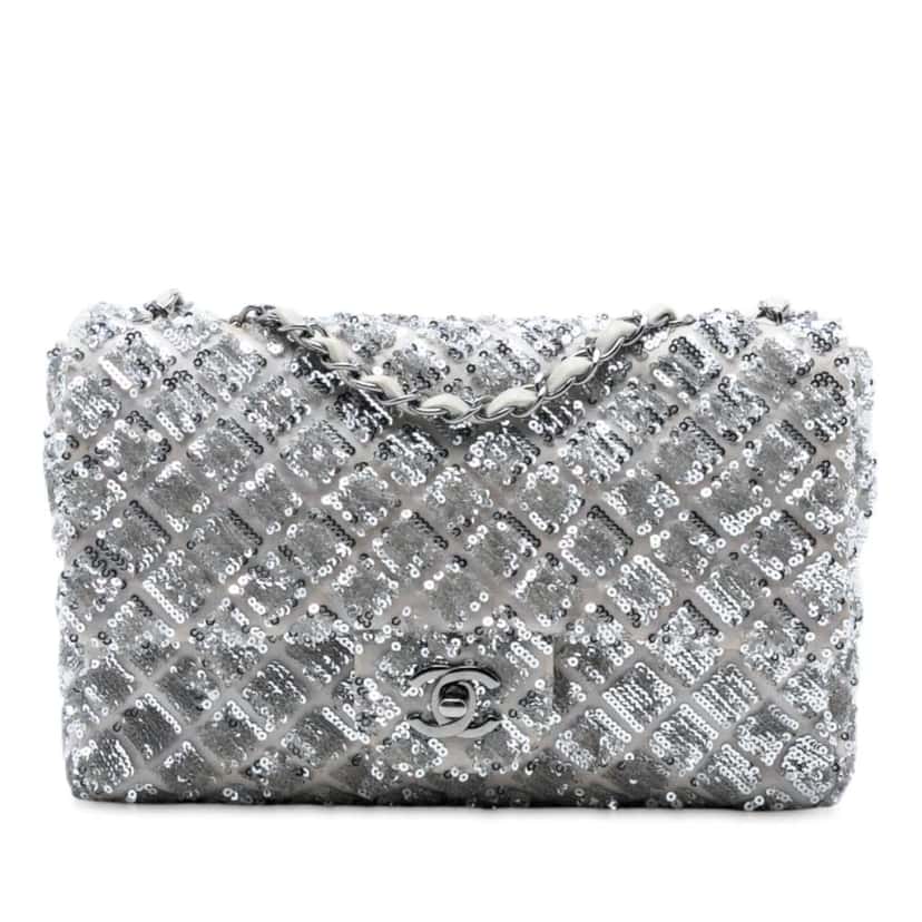Chanel Medium Classic Satin and Sequin Single Flap Silver Satin Good condition - Front View