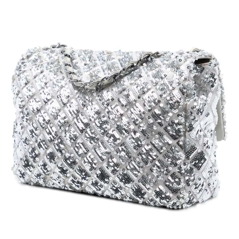 Chanel Medium Classic Satin and Sequin Single Flap Silver Satin Good condition - Back View
