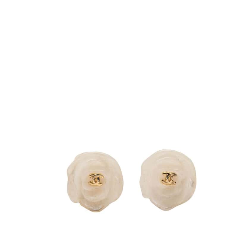 Chanel CC Resin Gold Plated Camellia Clip On Earrings White Good condition - Front View