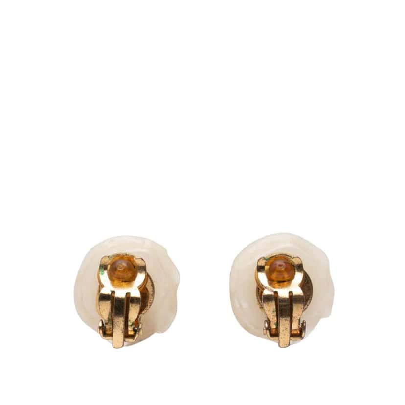 Chanel CC Resin Gold Plated Camellia Clip On Earrings White Good condition - Back View