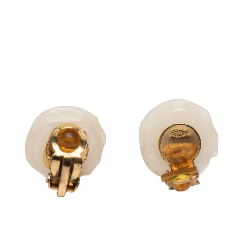 Chanel CC Resin Gold Plated Camellia Clip On Earrings White Good condition - Inside View