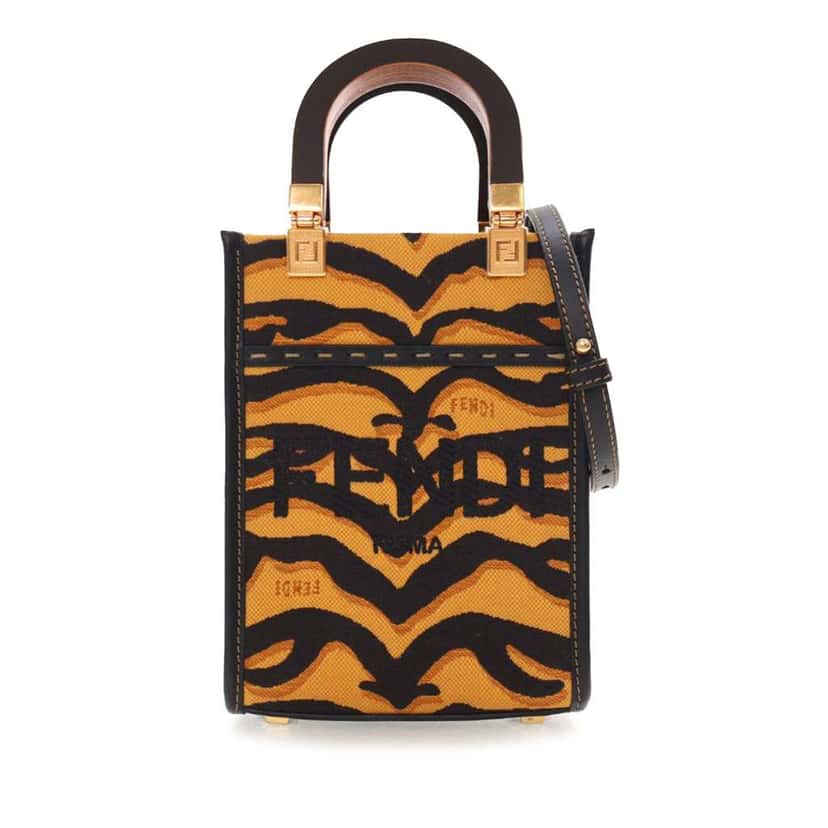 Fendi Mini Embroidered Canvas Zebra Print Sunshine Shopper Tote Brown Canvas Good condition - Front View