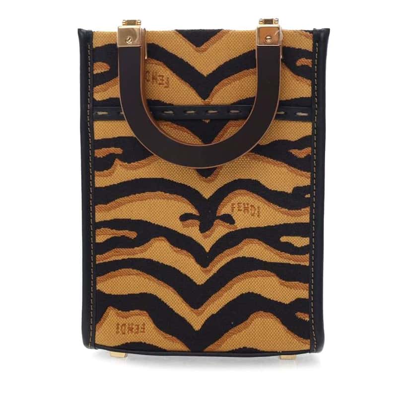 Fendi Mini Embroidered Canvas Zebra Print Sunshine Shopper Tote Brown Canvas Good condition - Back View