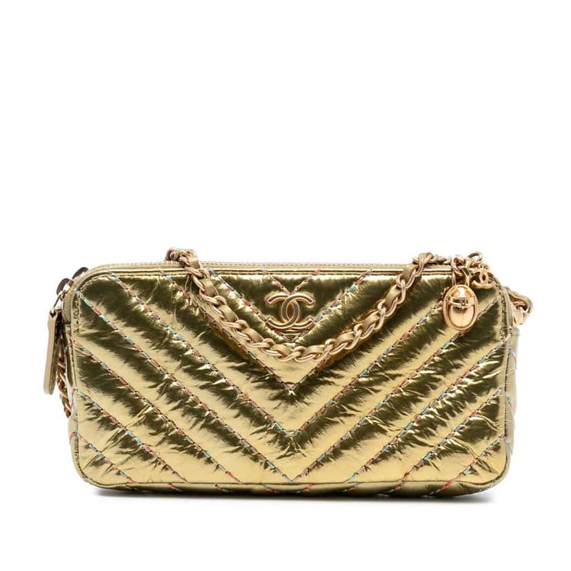 Chanel CC Chevron Metallic Lambskin Double Zip Wallet on Chain Gold Leather Good condition - Front View