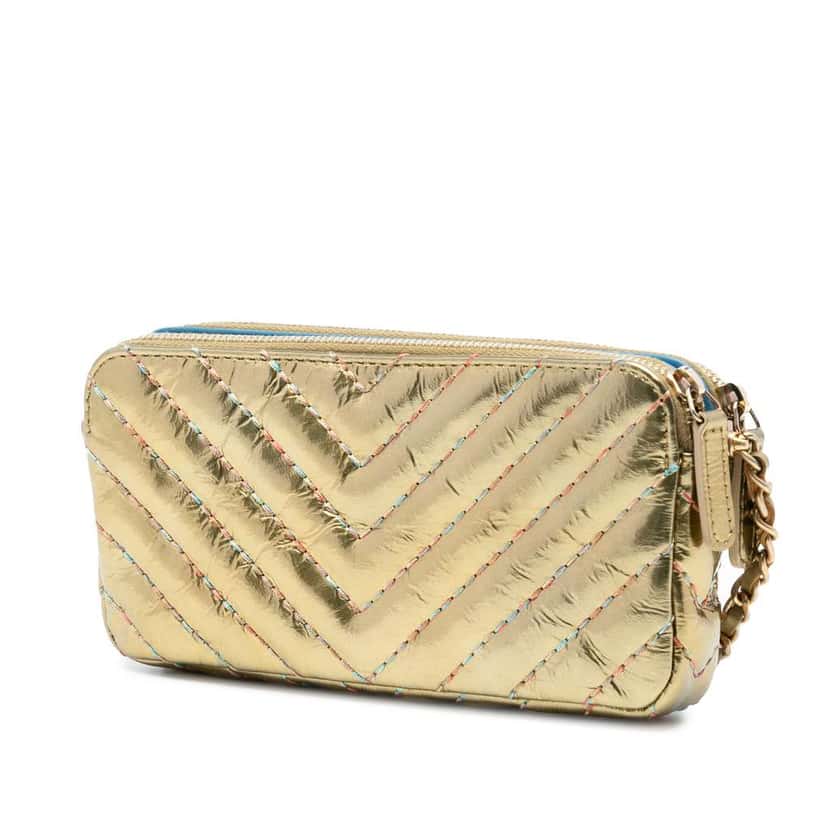 Chanel CC Chevron Metallic Lambskin Double Zip Wallet on Chain Gold Leather Good condition - Back View