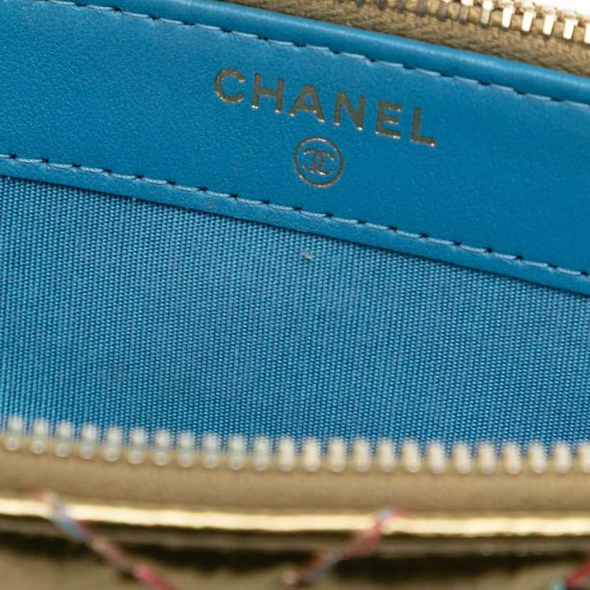 Chanel CC Chevron Metallic Lambskin Double Zip Wallet on Chain Gold Leather Good condition - Box View
