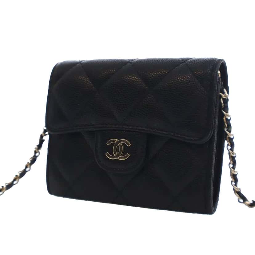 Chanel CC Quilted Caviar Flap Card Holder On Chain Black Leather Good condition - Back View
