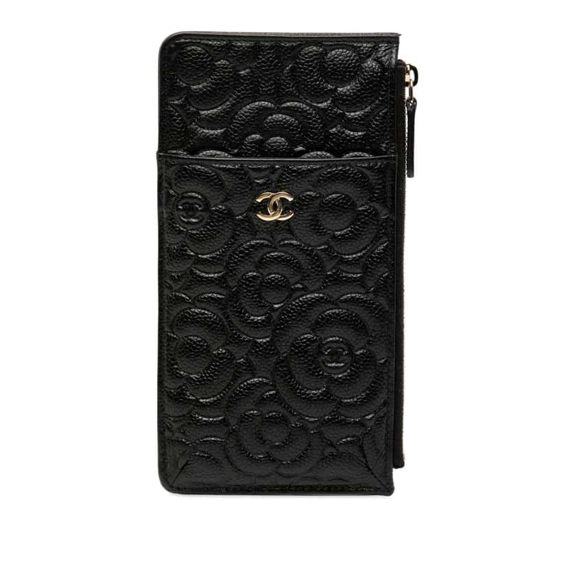 Chanel CC Embossed Caviar Camellia Flat Phone Case Wallet Pouch Black Leather Good condition - Front View