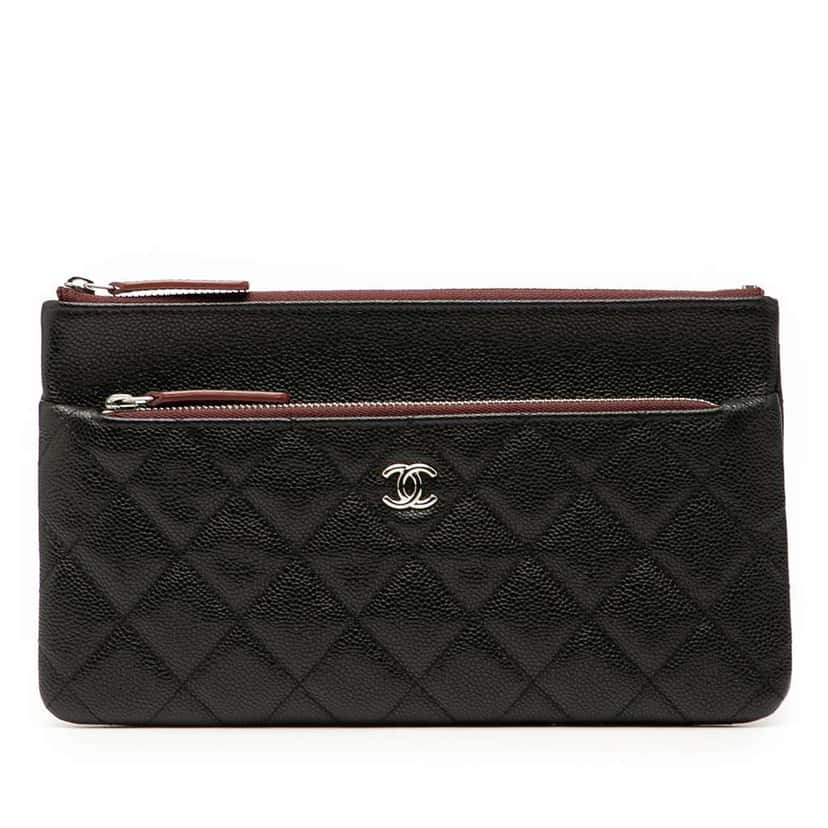 Chanel Quilted Caviar Double Zip Cosmetic Case Black Leather Good condition - Front View