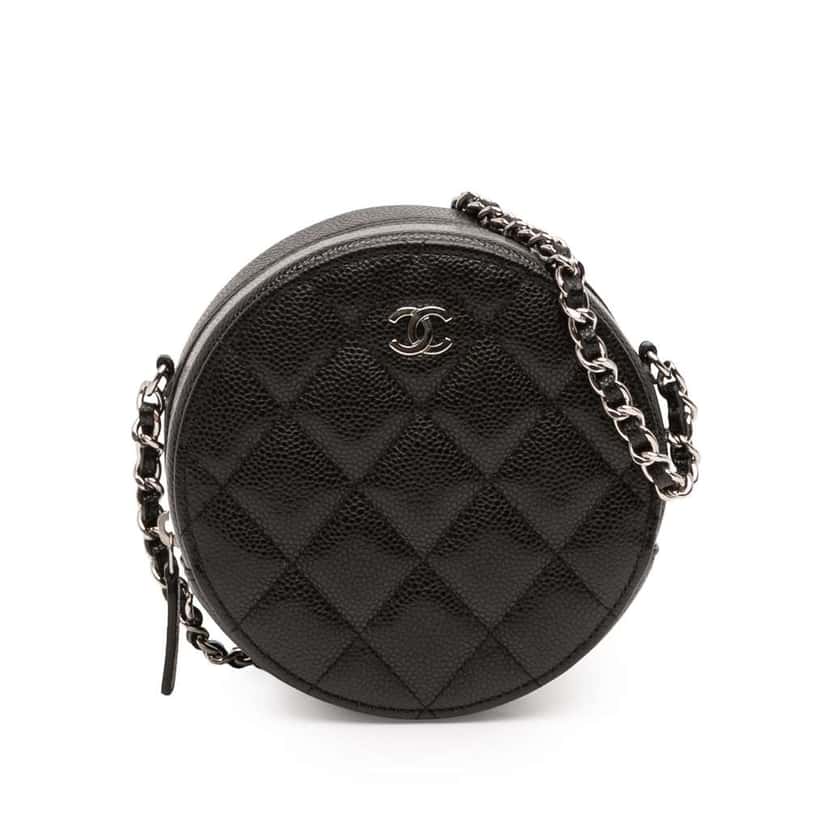 Chanel CC Quilted Caviar Round Clutch With Chain Black Leather Good condition - Front View