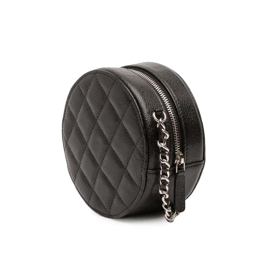 Chanel CC Quilted Caviar Round Clutch With Chain Black Leather Good condition - Back View