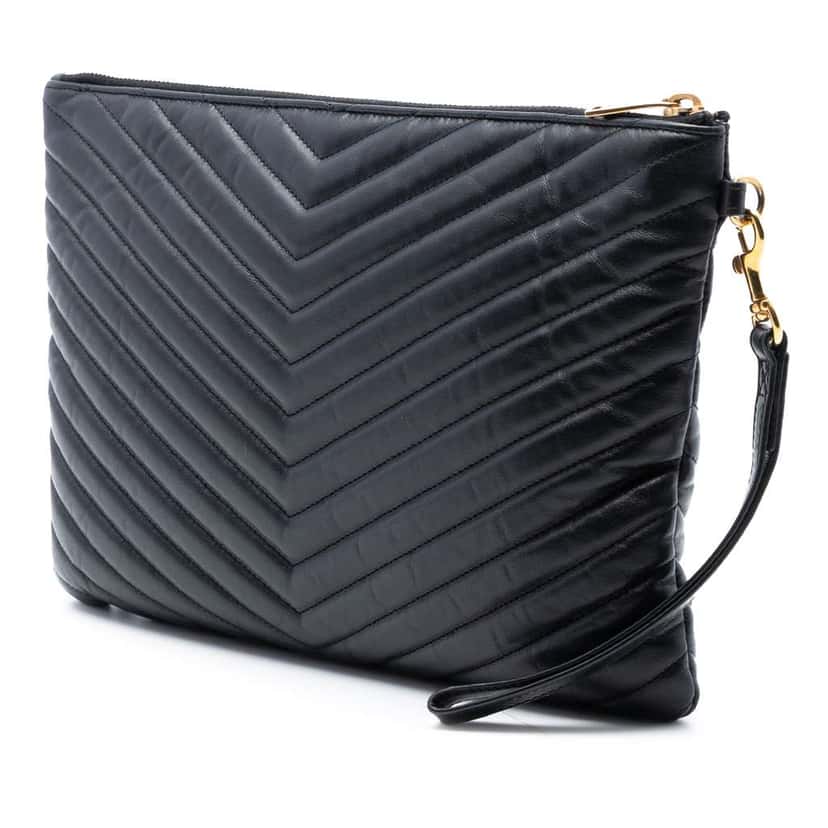 Saint Laurent Quilted Chevron Leather Monogram Document Holder Black Leather Good condition - Back View
