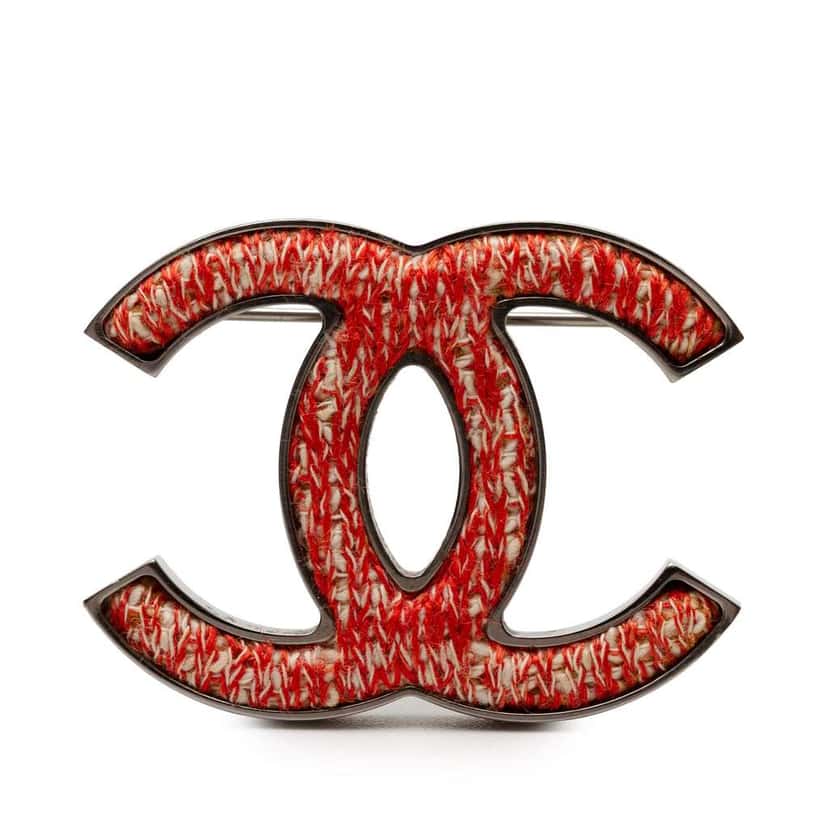 Chanel CC Silver Plated and Tweed Brooch Silver Metal Good condition - Front View
