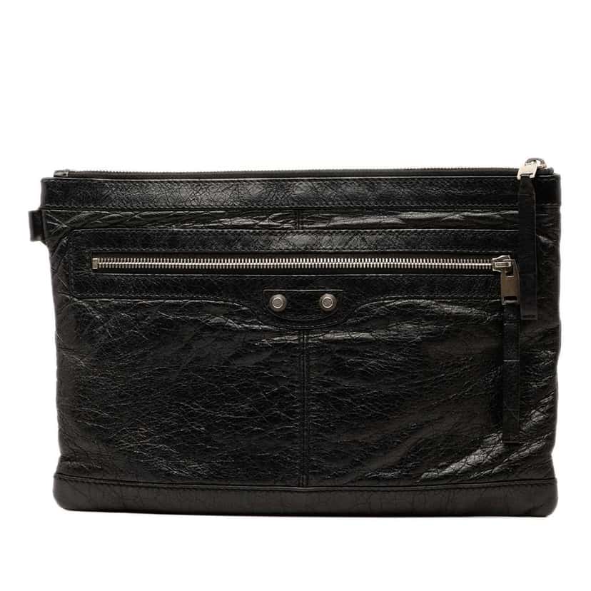 Balenciaga Lambskin Motocross Classic Clip M Clutch Black Leather Good condition - Front View