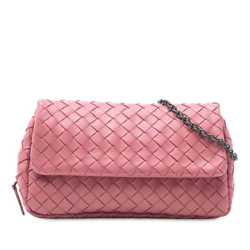 Bottega Veneta Mini Nappa Intrecciato Expandable Chain Crossbody Pink Leather Good condition - Front View