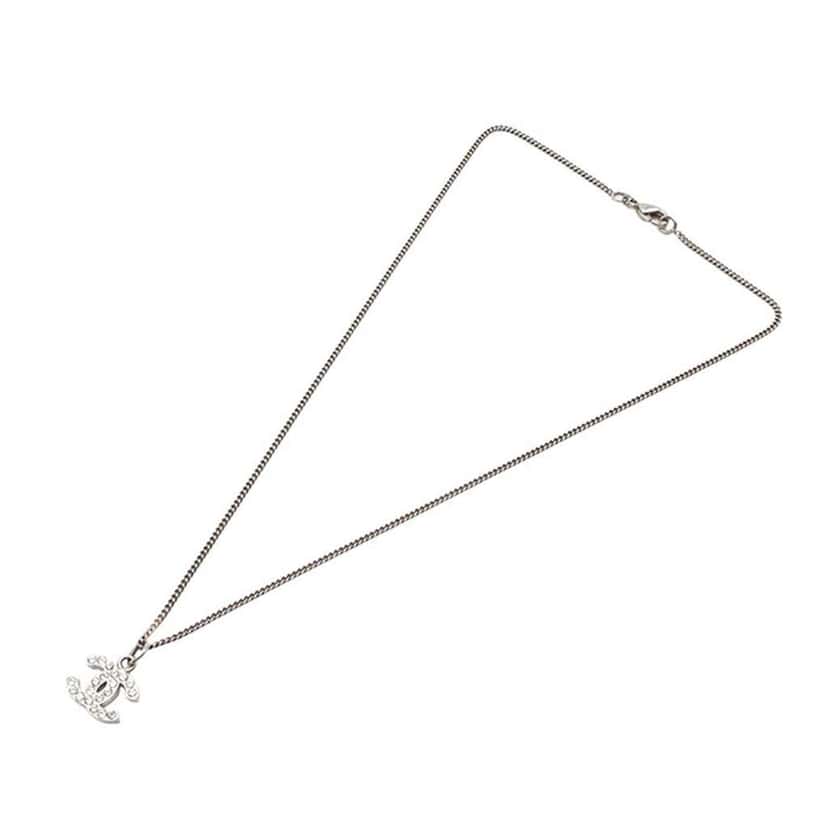 Chanel CC Silver Rhinestones Pendant Necklace Silver Silver Good condition - Front View