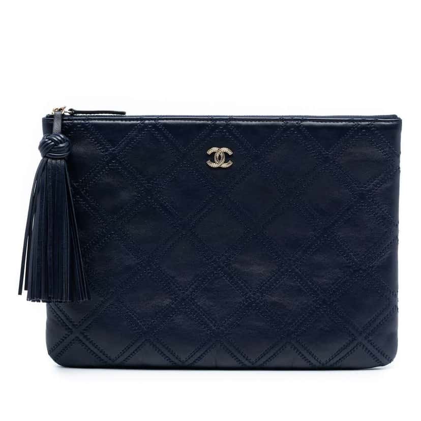 Chanel Medium Quilted Lambskin Double Stitch Tassel O Case Clutch Blue Leather Good condition - Front View