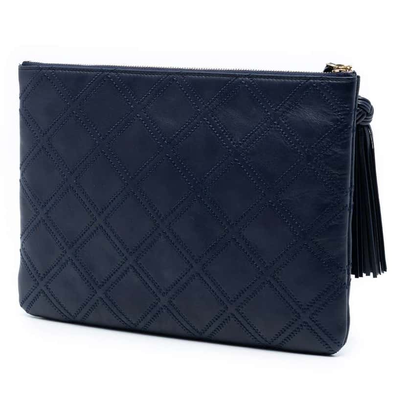 Chanel Medium Quilted Lambskin Double Stitch Tassel O Case Clutch Blue Leather Good condition - Back View