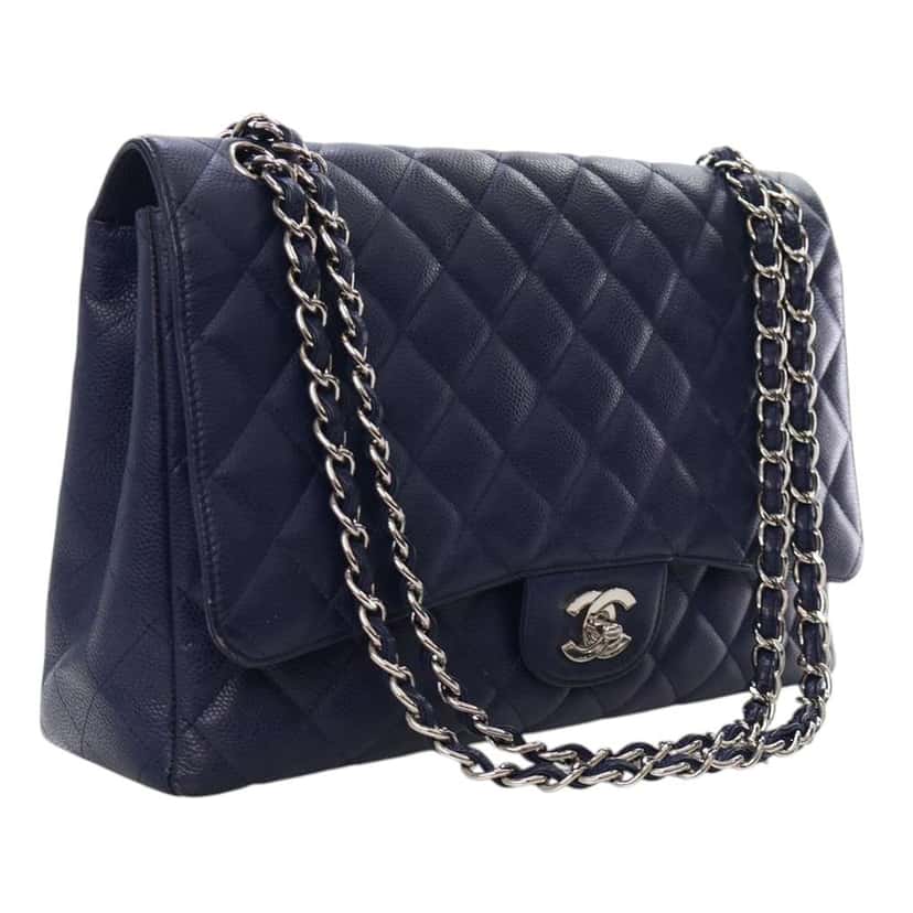 Chanel Maxi Classic Caviar Single Flap Blue Leather Good condition - Back View