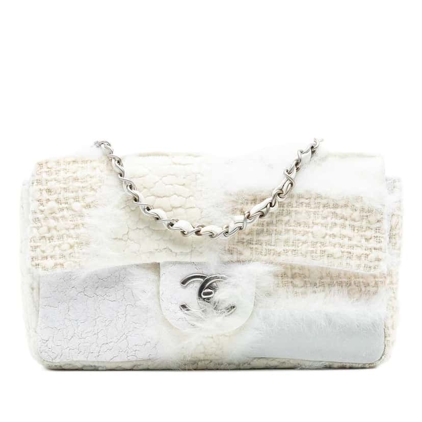 Chanel Medium Tweed and Mixed Medium Patchwork Single Flap White Tweed Good condition - Front View