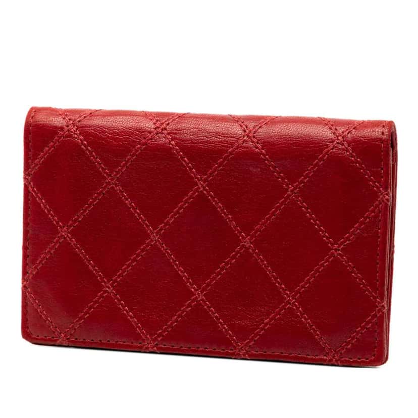 Chanel CC Quilted Calfskin Double Stitch Bifold Wallet Red Leather Good condition - Back View