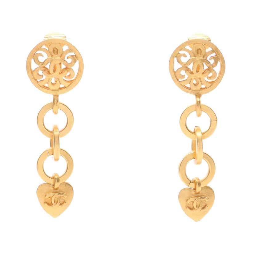 Chanel Gold Plated CC Heart Drop Clip On Earrings Gold Metal Good condition - Front View